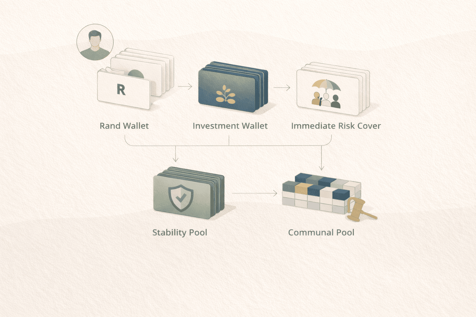 Illustration explaining the five-wallet Helpmekaar money model.